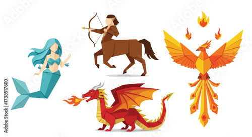 Mythical Creatures Collection Mermaid Centaur Dragon Phoenix Vector Art