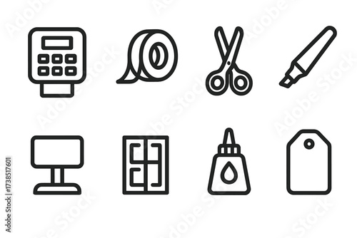 Label Tools Icons. Outline icon set of label tools and accessories: label printer, adhesive tape, scissors, marker pen, label holder, label sheet, glue, tag