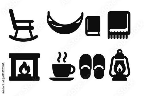 Log Cabin Essentials. Solid, filled icon set of log cabin relaxation: rocking chair, hammock, book, cozy blanket, fireplace, hot drink, slippers, lantern