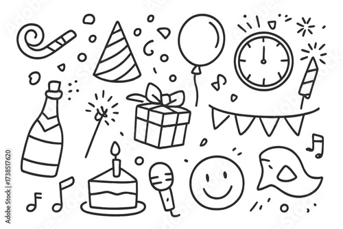 Countdown Party Doodles. Hand-drawn doodle illustration Countdown party accessories noisemaker, party hat, confetti, balloon, clock, fireworks, champagne