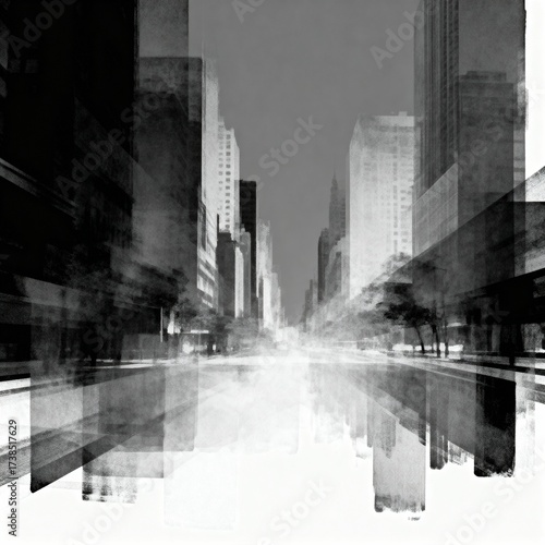 Abstract grayscale city street with blurred buildings and a vanishing perspective