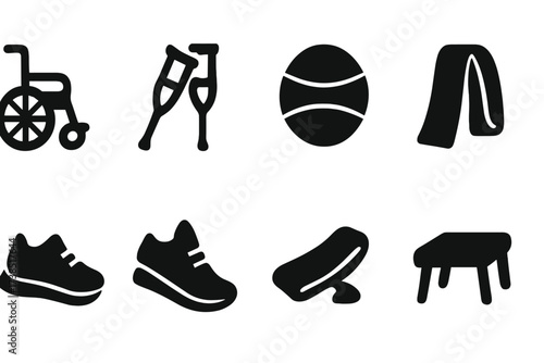 Physical Therapy Icons. Solid, filled icon set of physical therapy: wheelchair, crutches, exercise ball, resistance band, running shoe, stretch band, balance
