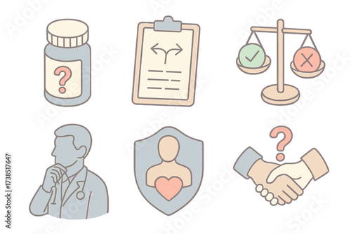 Placebo Ethical Dilemmas. Isometric vector illustration set Ethical Questions of Placebo: pill bottle with question mark,