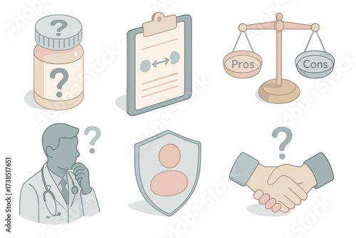 Placebo Ethical Dilemmas. Isometric vector illustration set Ethical Questions of Placebo: pill bottle with question mark,