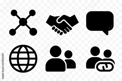 Network Icon Set. Solid, filled icon set of influence network basics: network nodes, connecting lines, handshake, megaphone, speech bubble, globe, people