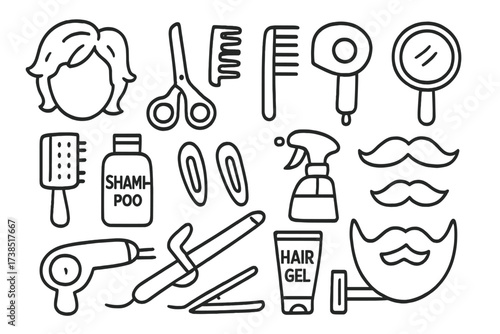Hair Salon Tools. Hand-drawn doodle illustration hair style scissors, comb, hair dryer, mirror, brush, shampoo bottle, hair clips, spray bottle, curling iron,