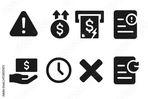 Emergency Withdrawal Icons. Solid, filled icon set of emergency withdrawal: exclamation icon, urgent money, broken ATM, alert form, cash in hand, clock icon,