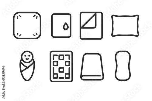 Crib Bedding Icons. Outline icon set of crib bedding: fitted sheet, mattress protector, baby blanket, pillow, swaddle, crib quilt, changing pad, burp cloth.