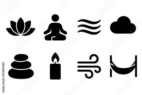 Calm Elements Icon Set. Solid, filled icon set of calm elements: lotus flower, meditation pose, flowing water, soft cloud, zen stones, candle flame, gentle