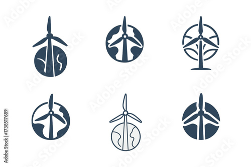 Wind Turbine Logos. climate change economics. Set Logo of climate change economics: wind turbine. harmonious logo variations of the same emblematic concept,