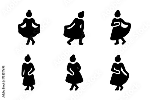 Curtsy Icon Collection. Solid, filled icon set of curtsy poses: classic curtsy, deep curtsy, half curtsy, ballroom curtsy, royal curtsy, court curtsy, shy