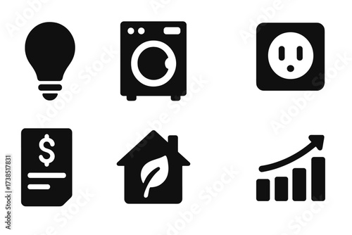 Energy Icon Set. Solid, filled icon set of energy consumption: light bulb, home appliance, electric meter, power socket, energy bill, eco house, efficiency