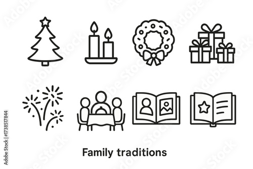 Family Tradition Icons. Outline icon set of family traditions: holiday tree, candles, wreath, gifts, fireworks, family dinner, photo album, storytelling book.
