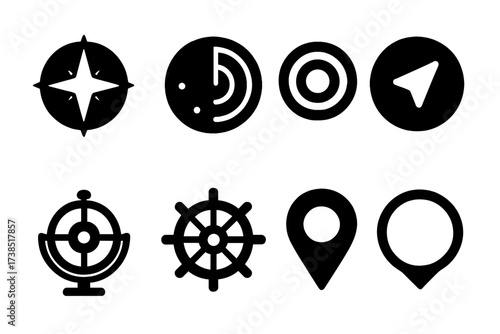 Circle Tool Icons. Solid, filled icon set of circle-related navigation tools: compass rose, radar scan, sonar ring, directional dial, gyroscope, sextant wheel,