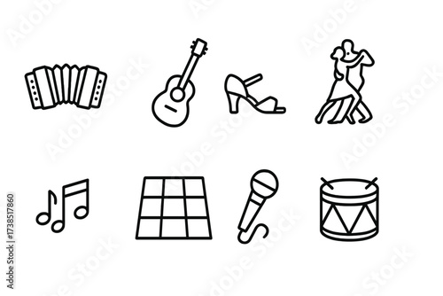 Argentinian Music Icons. Outline icon set of Argentinian music and dance: bandoneon, guitar, tango shoes, dancer silhouette, music notes, dance