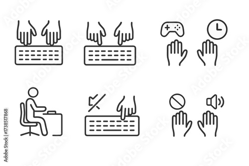 Keyboard Typing Icons. Outline icon set of keyboard typing styles: touch typing, hunt and peck, fast typing, slow typing, ergonomic posture, gaming mode,