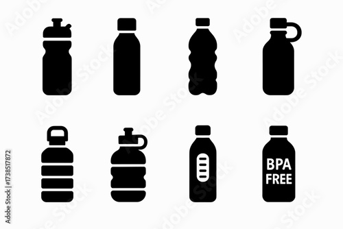Water Bottle Icons. Solid, filled icon set of water bottle types: sports bottle, insulated bottle, plastic bottle, glass bottle, metal bottle, collapsible