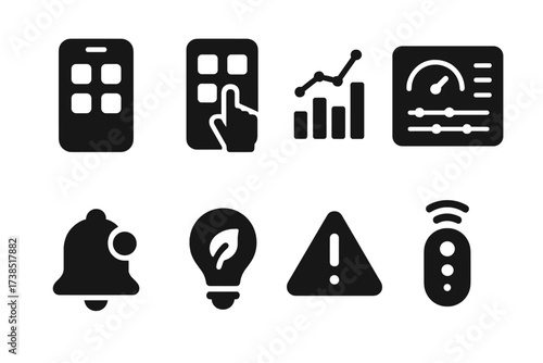 User Interface Icons. Solid, filled icon set of user interfaces: smartphone app, touchscreen panel, data analytics, control dashboard, usage notification,