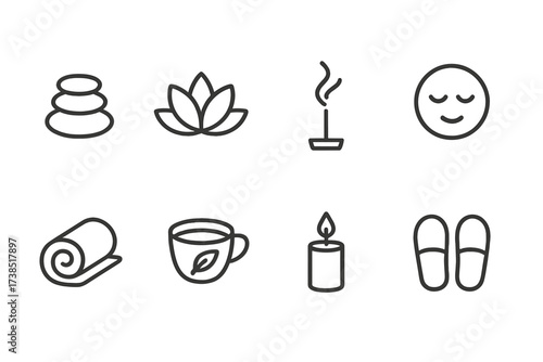 Relaxation Icon Set. Outline icon set of relaxation and steam: zen stones, lotus flower, incense smoke, calm face, towel roll, herbal tea cup, soft light, bath