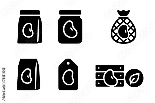 Organic Packaging Icons. Solid, filled icon set of organic bean packaging: paper bag, glass jar, recyclable box, mesh bag, seed packet, labeling tag, shipping