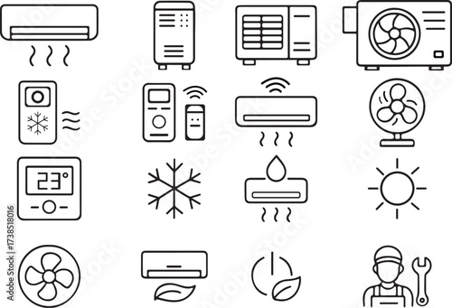 Clean outline icons set featuring various air conditioner types and components for hvac design