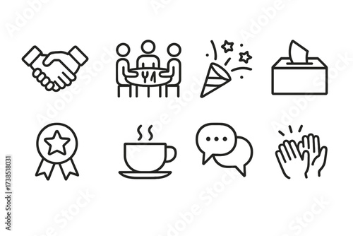 Office Culture Icons. Outline icon set of office culture: handshake, team lunch, celebration, suggestion box, award, coffee cup, chat, applause. Line icons in