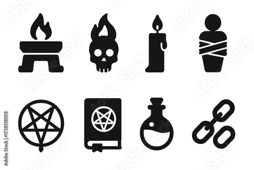 Dark Ritual Icons. Solid, filled icon set of dark sacrifice: cursed altar, skull flame, black candle, bound soul, demonic sigil, forbidden book, crimson vial,