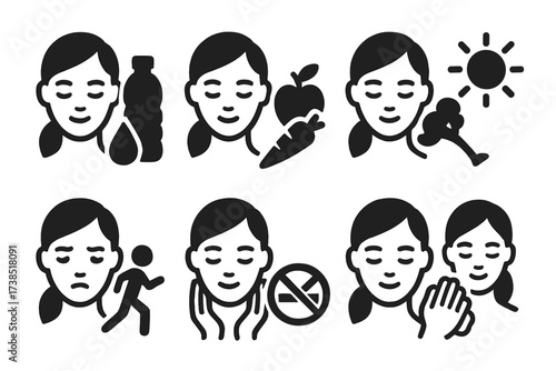 Face Care Icons. Solid, filled icon set of face care lifestyle habits: hydration, balanced diet, sleep, sun protection, exercise, stress relief, no smoking,
