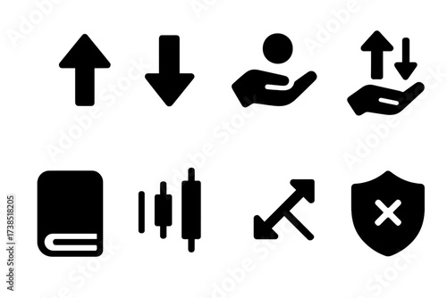 Forex Trading Icons. Solid, filled icon set of forex trading actions: buy, sell, bid, ask, order book, candle chart, leverage, stop loss. [Solid, filled icons