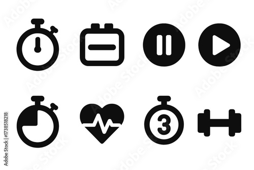 Interval Training Icons. Solid, filled icon set of interval training: stopwatch, timer, pause button, play button, lap timer, heart rate, countdown clock,