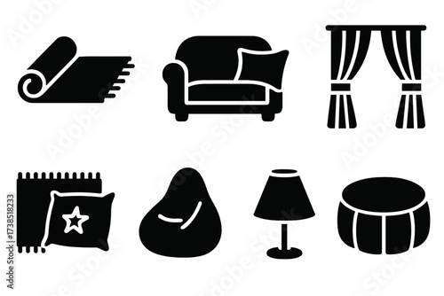 Soft Decor Icons. Solid, filled icon set of softness in home decor: plush carpet, velvet sofa, cushions, curtains, soft rugs, bean bag, fabric lampshade, pouf.