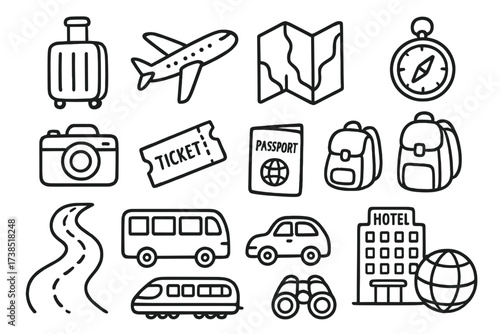 Travel Doodle Icons. Hand-drawn doodle illustration way to travel suitcase, airplane, map, compass, camera, ticket, passport, backpack, road, bus, car, train,
