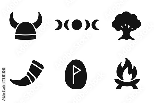 Pagan Ritual Icons. Solid, filled icon set of pagan ritual: horned helmet, moon phases, candle circle, oak tree, animal horn, runic stone, pentacle, fire pit.