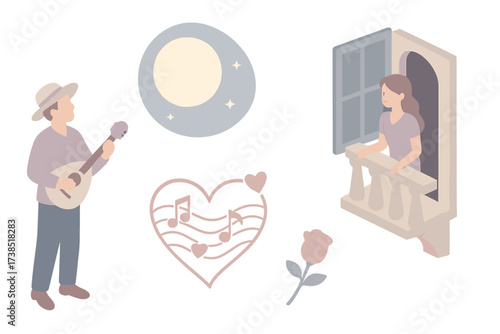 Romantic Night Serenade. Isometric vector illustration set Romantic Serenade with Mandolin: musician under balcony, glowing moon