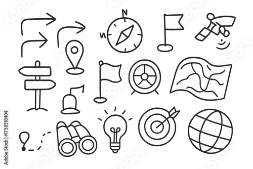 Navigation Symbols Doodle. Hand-drawn doodle illustration direction symbols arrow, compass rose, map pin, signpost, flag, GPS satellite, waypoint marker,