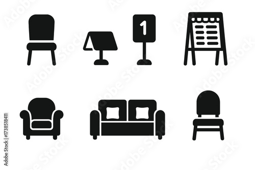 Guest Seating Icons. Solid, filled icon set of guest seating arrangements: reserved seat, place card holder, table number, seating chart board, lounge seating,