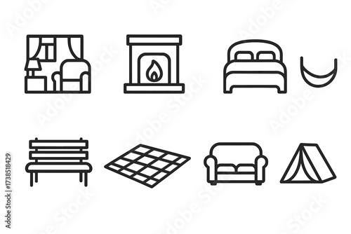 Cuddle Environment Icons. Outline icon set of cuddle environments: cozy room, fireplace, bed, hammock, park bench, picnic blanket, couch, tent. Line icons in