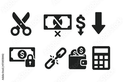 Cutting Expenses Icons. Solid, filled icon set of cutting expenses: scissors, crossed bills, shrinking dollar sign, down arrow, cash with lock, broken chain,