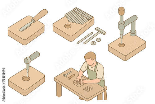 Kalimba Craft Process. Isometric vector illustration set Kalimba Craftsmanship: wooden block carving, tuning hammer tool, metal