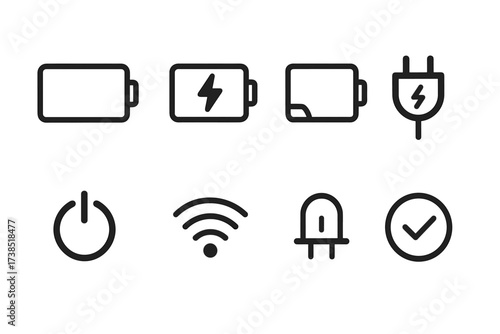 Charging Icon Set. Outline icon set of charging indicators: battery full, battery charging, battery low, charging plug, power on, wireless signal,
