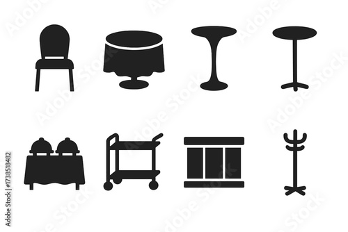 Banquet Furniture Icons. Solid, filled icon set of banquet room furniture: banquet chair, round table, cocktail table, highboy table, buffet table, serving