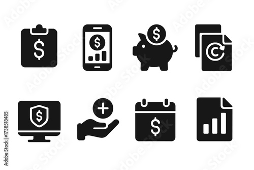 Financial Management Icons. Solid, filled icon set of collections financial management: budgeting, expense tracking, savings, loan refinancing,