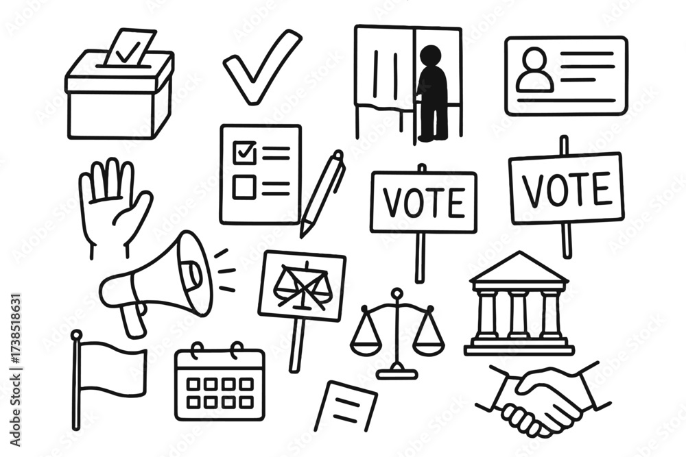 Obraz premium Election Symbols Doodle. Hand-drawn doodle illustration election and voting symbols ballot box, checkmark, voting booth, voter ID card, raised hand, ballot