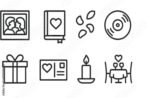 First Kiss Icons. Outline icon set of first kiss memories: photo frame, diary, flower petals, music record, gift box, postcard, candlelight, romantic dinner.
