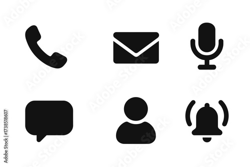 Communication Icons Grid. Solid, filled icon set of communication sender: telephone, megaphone, envelope, microphone, chat bubble, notification bell, sender