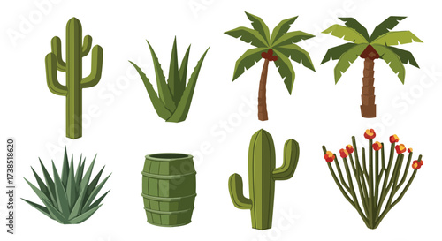 Desert Oasis Elements Cactus Plants Palm Trees Aloe Vera Agave and Barrel Vector Illustrations