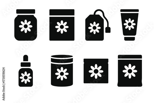 Chamomile Packaging Icons. Solid, filled icon set of chamomile packaging: glass jar, cardboard box, tea bag, plastic tube, bottle with dropper, tin container,