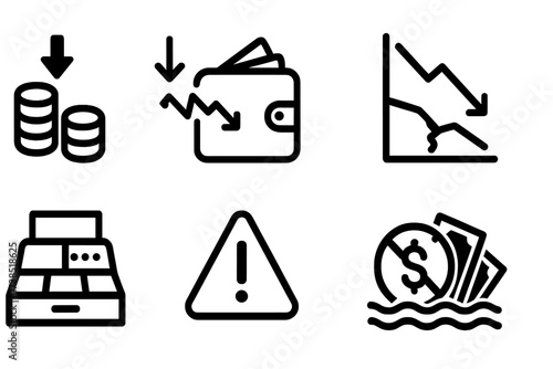 Revenue Loss Icons. Solid, filled icon set of loss of revenue: downward coins, falling wallet, broken cash flow, declining chart, empty cash register, warning