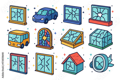 Isometric Broken Windows Icons. Broken windows. Colorful isometric vector icons set of broken windows: cracked home window, shattered car window, broken office