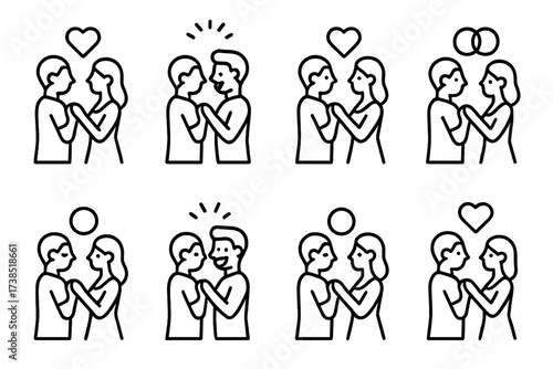 Slow Dance Emotions Icons. Outline icon set of slow dance emotions: love, joy, tenderness, connection, calm, excitement, serenity, affection. Line icons in